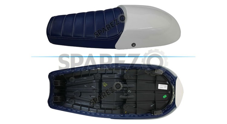 Royal Enfield GT and Interceptor 650 Blue Genuine Leather Dual Seat with White Cowl - SPAREZO